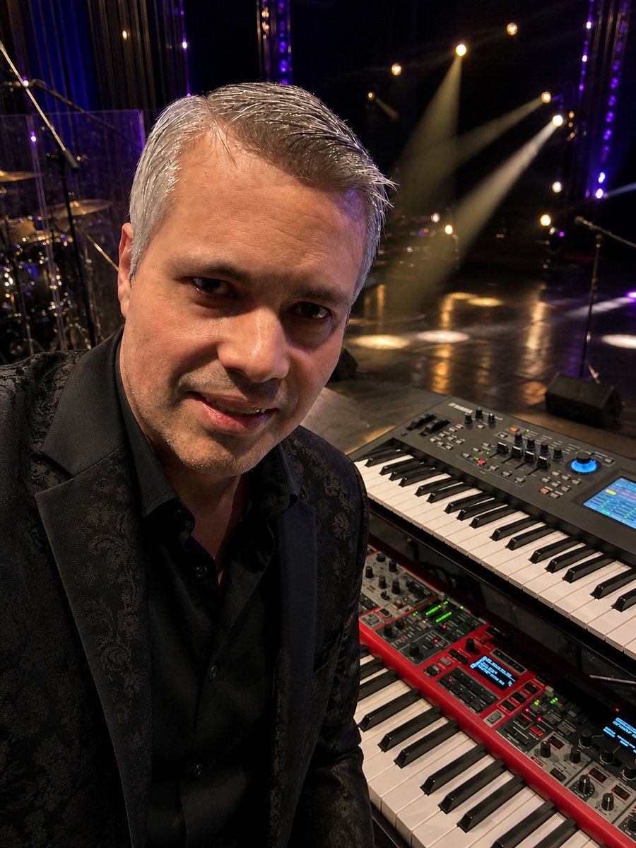Bruno Miranda at keyboards on stage with band